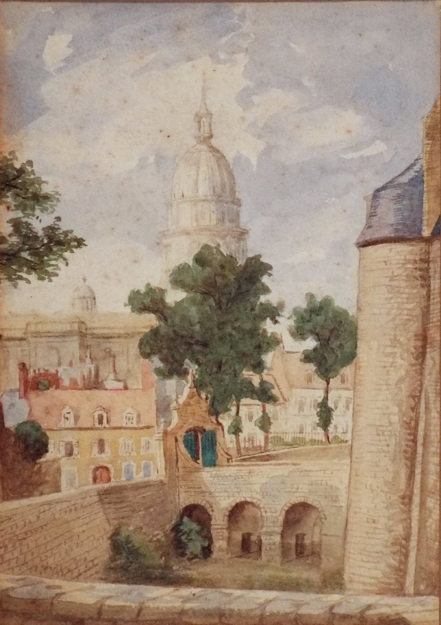 Watercolour - (Boulogne - moat of the chateau and dome of the basilica)